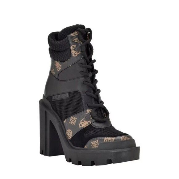 GUESS Womens Black Logo Lug Sole Tadbit Round Toe Block Heel Lace-Up Boots 5 - Picture 1 of 3